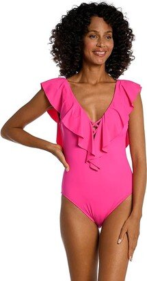 Island Goddess Ruffle Plunge Mio (Pop Pink) Women's Swimsuits One Piece