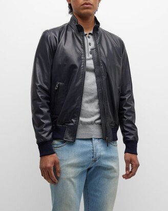 Men's Leather Bomber Jacket-AC