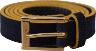 Blue Suede Yellow Gold Metal Logo Buckle Women's Belt