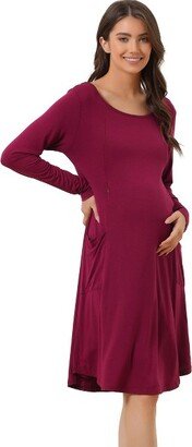 cheibear Womens Casual Round Neck Maternity Long Sleeve Loungewear Dress with Pockets Wine Red Medium