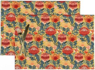 Maximalist Floral Placemats | Set Of 2 - Protea Chintz Mustard By Tigatiga Pincushion Flowers Cloth Spoonflower