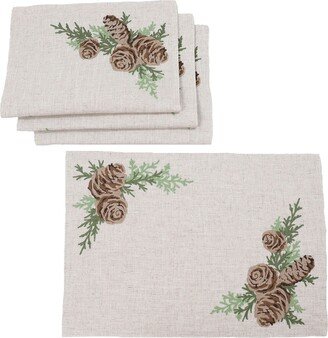 Winter Pine Cones and Branches Crewel Embroidered Placemats 14 x 20, Set of 4