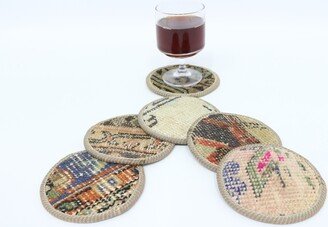 Gift For Her, Kilim Coaster, Kitchen Decor, Drink Table Rug 5x5 Set Of Six, Circle 340