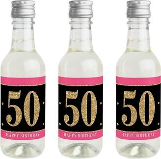 Big Dot Of Happiness Chic 50th Birthday Pink, Black & Gold Mini Wine Bottle Stickers Favor Gift 16 Ct