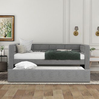 NINEDIN Twin Daybed w/Trundle, Upholstered DaybedFrame with Padded Back, Grey