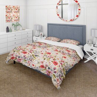 Designart 'Vintage Red Pink Flower and Leaves' Rustic Bedding Set - Duvet Cover & Shams