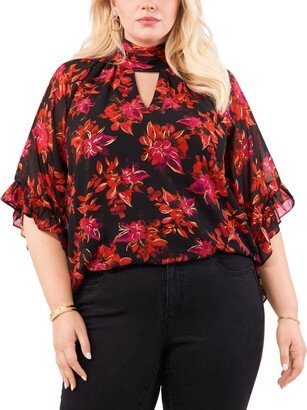 Plus Size Floral-Print Flutter-Sleeve Raglan Keyhole Blouse