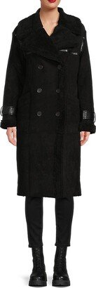 Faux Shearling Lined & Trim Faux Suede Double-Breasted Coat