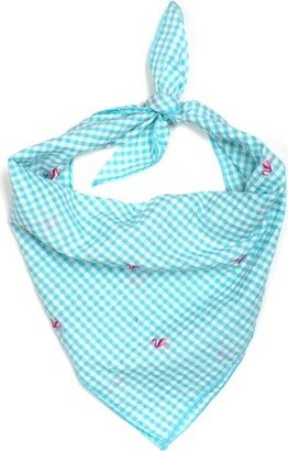 The Worthy Dog Gingham Embroidered Famingos Cassic Square Tie-On Bandana - Aqua - L