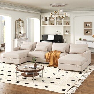 Modern Large U-Shape Sectional Sofa with 2 Large Chaise (with Storage Space) and 4 Lumbar Pillows, Beige