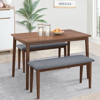 NINEDIN Rectangular 3-Piece Wood Fixed Dining Table Set with Fabric Bench