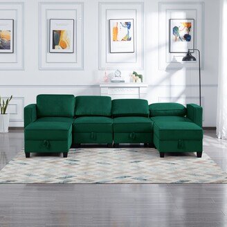 GREATPLANINC 116 Symmetrical Sectional Sofa, Home Seating Velvet Sectional Sofa Chaise with Square Arms and Ottoman, for Your Living Room