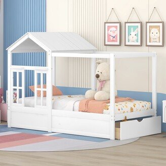 DECO Twin Size House Bed with Roof, Window and Drawer