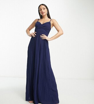 TFNC Tall Bridesmaid pleated wrap front maxi dress in navy