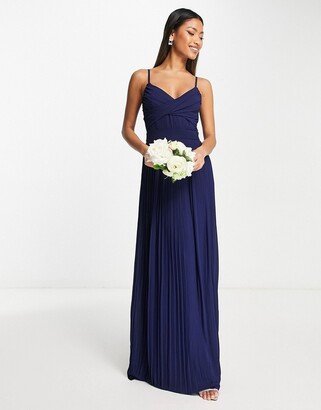 Bridesmaid pleated wrap front maxi dress in navy blue