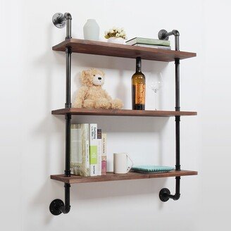 Kahomvis 31.5 in.3-Tier Brown Wall Mounted Iron Floating Pipe Shelves Racks Storage Bookcases