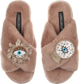 Laines London Classic Laines Slippers With Double Mystic Eye Brooches - Toffee