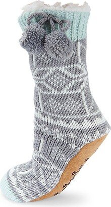 Snowflake-Knit & Pom-Pom Faux Fur-Lined Slipper Socks