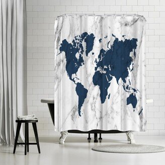 71 x 74 Shower Curtain, Marble World Map (Navy) by Samantha Ranlet