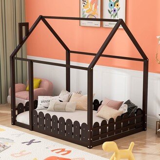 Full Size Wood Bed House Bed Frame with Fence