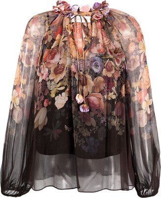 Gathered-Neck Floral-Print Blouse