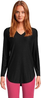 Women's Petite Soft Performance Long Sleeve Curve Hem Vneck Tunic - Small - Black