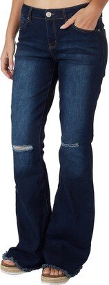 Womens 1-Button Low-Rise Fray Hem Flare Jeans