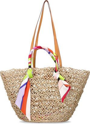 Basket straw & twill shoulder bag