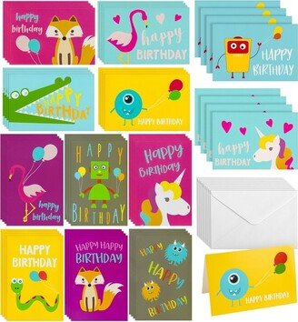 Best Paper Greetings 48 Pack Assorted Kids Birthday Cards Bulk with Envelopes in Unicorn, Flamingo, Monster, and Fox Designs, 4 x 6 In