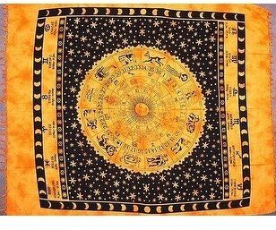 Handmade Cotton Astrological Tapestry Tablecloth Spread Zodiac Symbol Green Gold