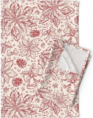 Poinsettia Floral Tea Towels | Set Of 2 - Traditional Christmas Toile By Damaste Classic Decor Linen Cotton Spoonflower