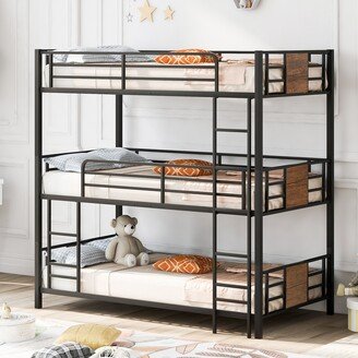 Calnod Metal Twin Size Triple Bunk Bed with Wood Decoration, Convertible into 3 Beds, Black