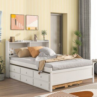 TOSWIN Full Bed Modern Bedroom Wood Kids' Beds with Bookcase & Trundle Bed and Drawers