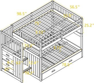 Sunmory Full over Full Bunk Bed Sturdy Wood Frame Twin Size Trundle Bed with Four Drawers and Storage Staircase, Full-Length Guardrail