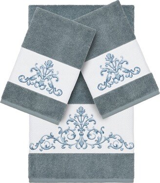 Authentic Hotel and Spa Teal Blue Turkish Cotton Scrollwork Embroidered 3 piece Towel Set