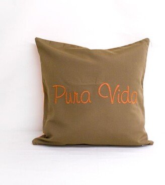 Indoor Monogrammed Pillow - Pura Vida Orange On Brown Throw Bed