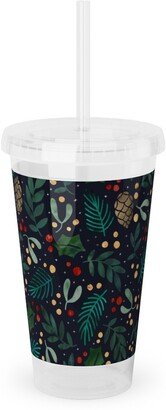 Travel Mugs: Christmas Florals - Dark Green Acrylic Tumbler With Straw, 16Oz, Green