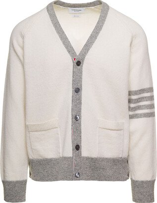 Jersey Stitch Raglan Sleeve Relaxed V Neck Cardigan In Shetland Wool W/ 4 Bar Stripe