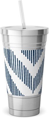 Travel Mugs: Ikat - Navy Stainless Tumbler With Straw, 18Oz, Blue