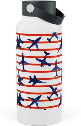 Photo Water Bottles: Patriotic Airplanes Watercolor - Blue With Red Stripes Stainless Steel Wide Mouth Water Bottle, 30Oz, Wide Mouth, Blue