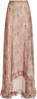 Palm Tree-Print Silk Maxi Skirt