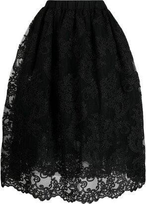 Lace-Overlay Tulle Midi Skirt