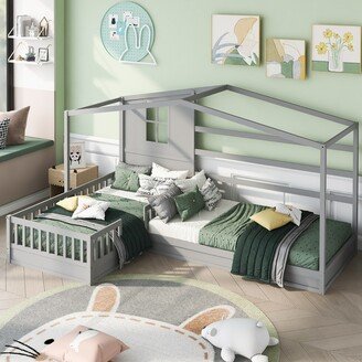 NOVABASA Twin Size House Bed, Wood Pltaform Bed Twin Size, 2 Twin Solid Bed L Structure with Fence and Slatted Frame