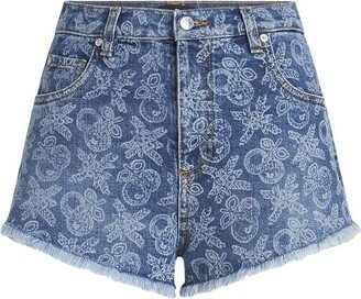 Printed High-Rise Denim Shorts