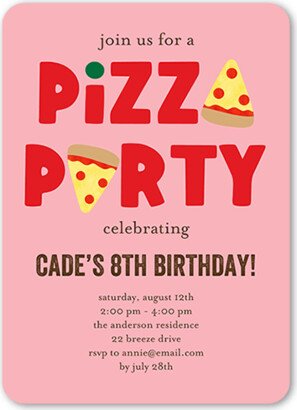 Girl Birthday Invitations: Pizza Surprise Birthday Invitation, Pink, 5X7, Matte, Signature Smooth Cardstock, Rounded