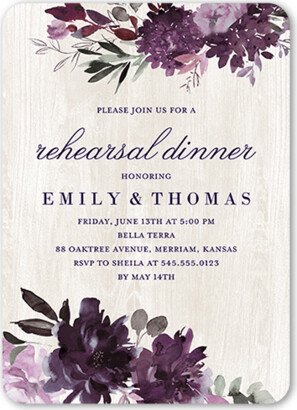 Rehearsal Dinner Invitations: Muted Florals Rehearsal Dinner Invitation, Purple, 5X7, Matte, Signature Smooth Cardstock, Rounded