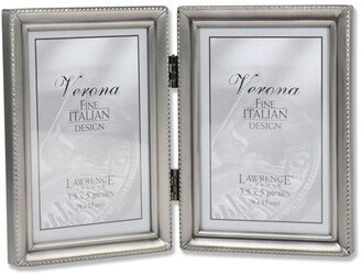Antique Pewter Hinged Double Picture Frame - Beaded Edge Design - 3.5