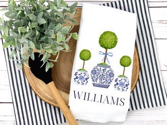 Preppy Chinoiserie Topiary Tea Towel | Personalized Blue White Kitchen Hostess Housewarming Shower Gift Ginger Jar Decor