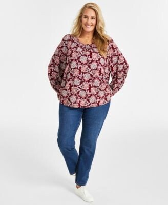 Style Co Plus Size Printed Peasant Popover Top High Rise Straight Leg Jeans Created For Macys