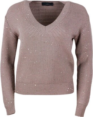 V-neck Sweater Made With English Rib Knit In Soft Wool Embellished With Micro Sequins